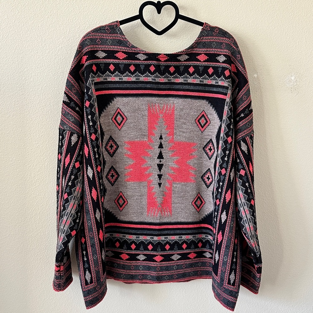 Metaphor Black Pink Boho Aztec South Western Open Front Cardigan Sweater XL